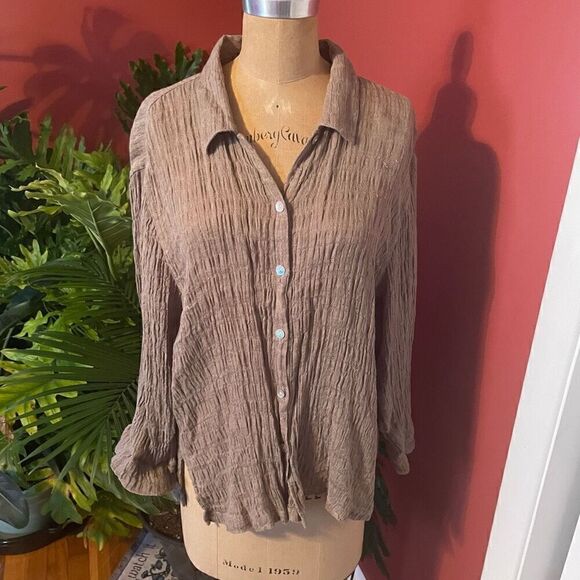 CHICO’S | taupe crinkly button up 2 (M) - Picture 1 of 9